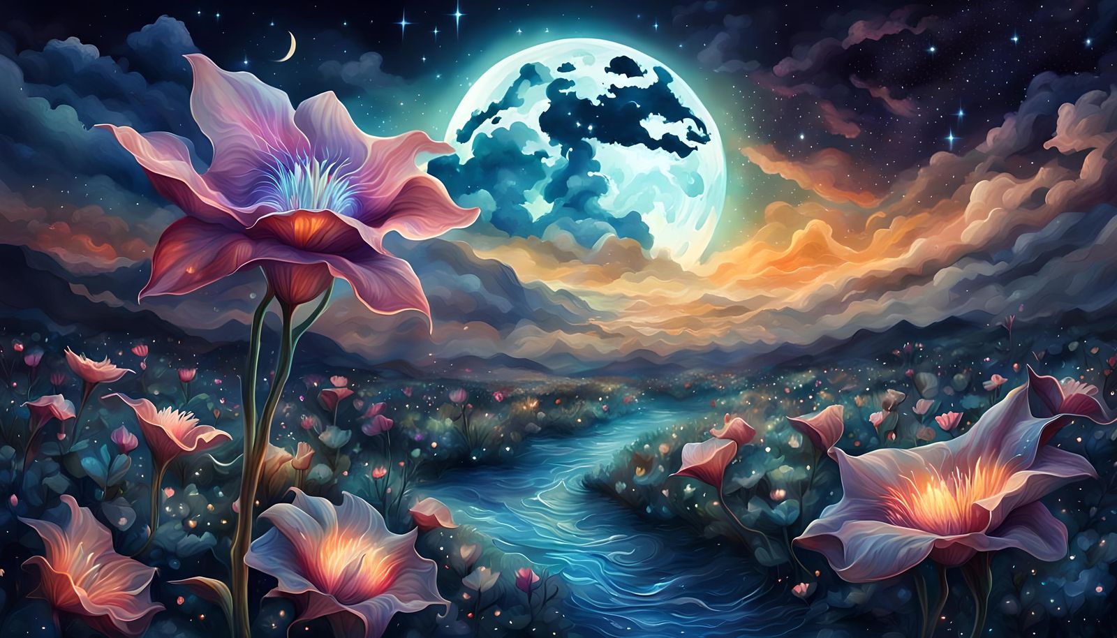 Sparkly Moonflower Night Sky Digital Illustration