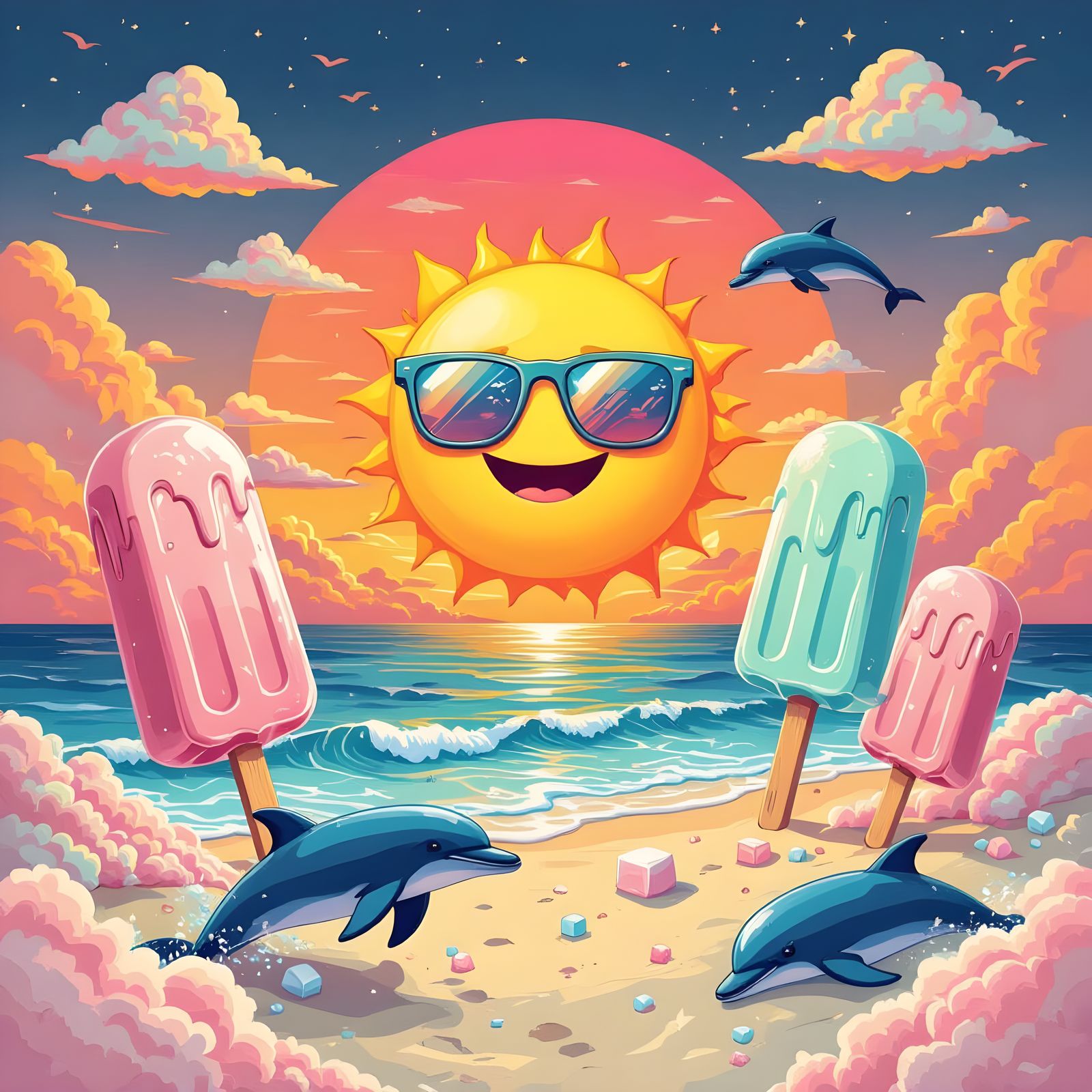 Surreal Sunset Beach T-Shirt Design in Vaporwave Style