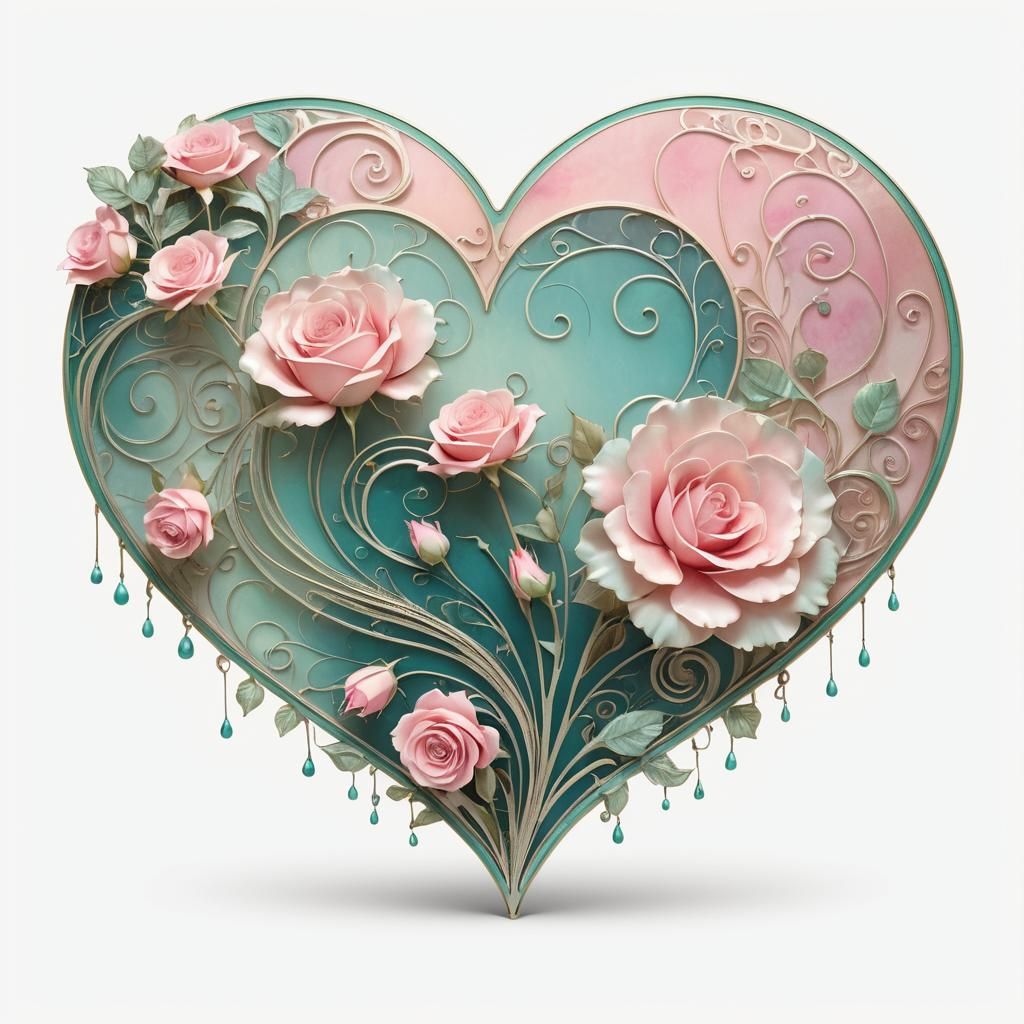 Elegant Art Nouveau Heart with Turquoise Roses in Metallic F...