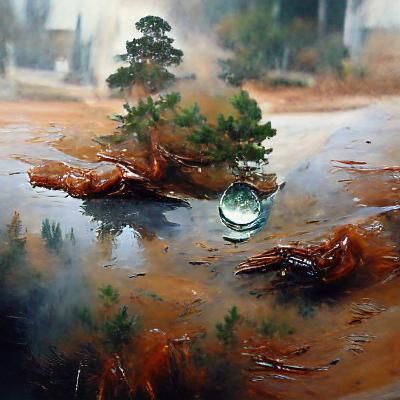 Raindrop Reflecting Misty Forest: Oil Painting