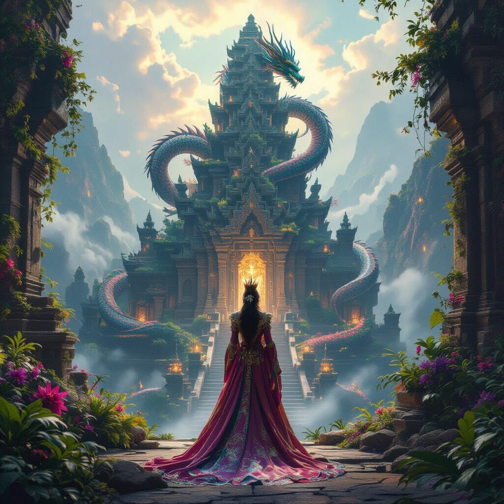 Majestic Queen Before Ancient Mountain Temple with Dragon