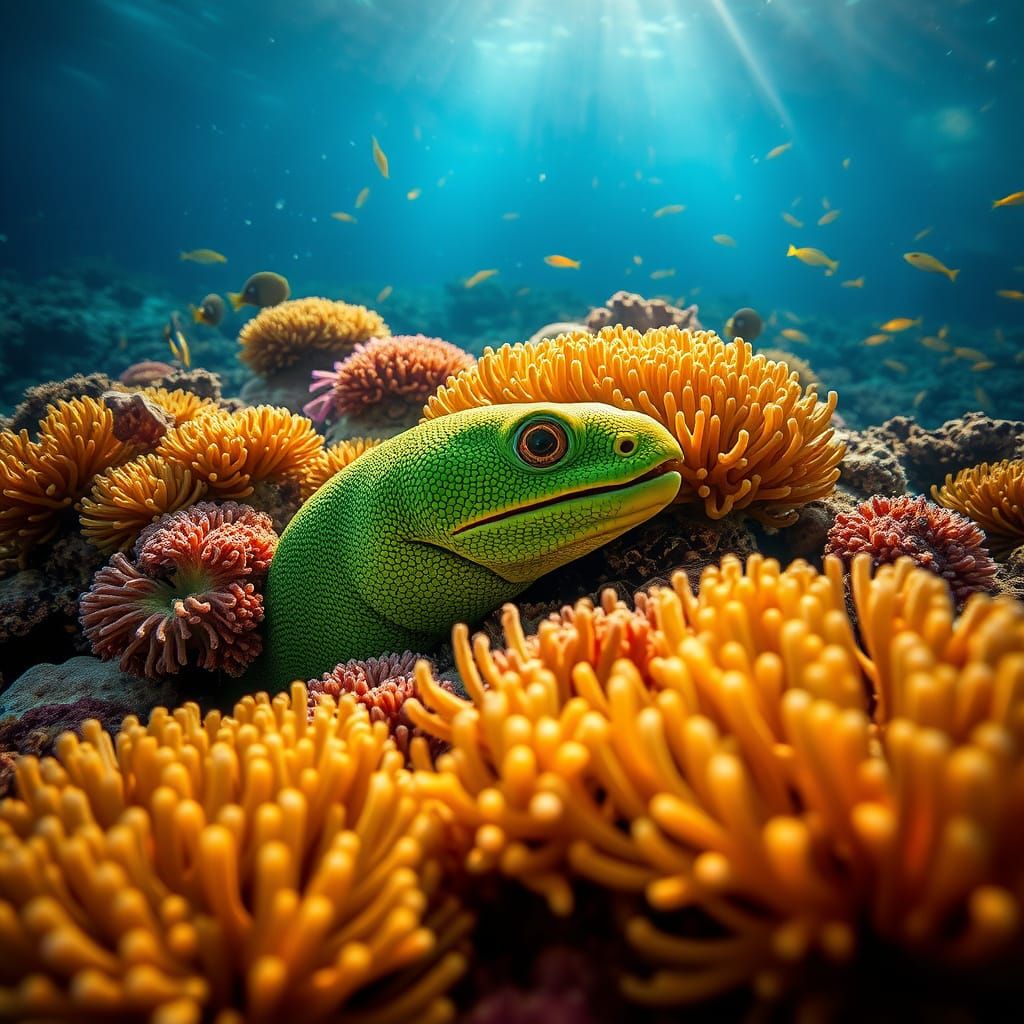 Green Moray Eel in Vibrant Coral Reef