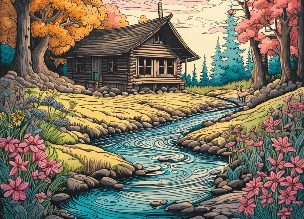 Cabin in Flowery Clearing: Ink and Crayon Drawing