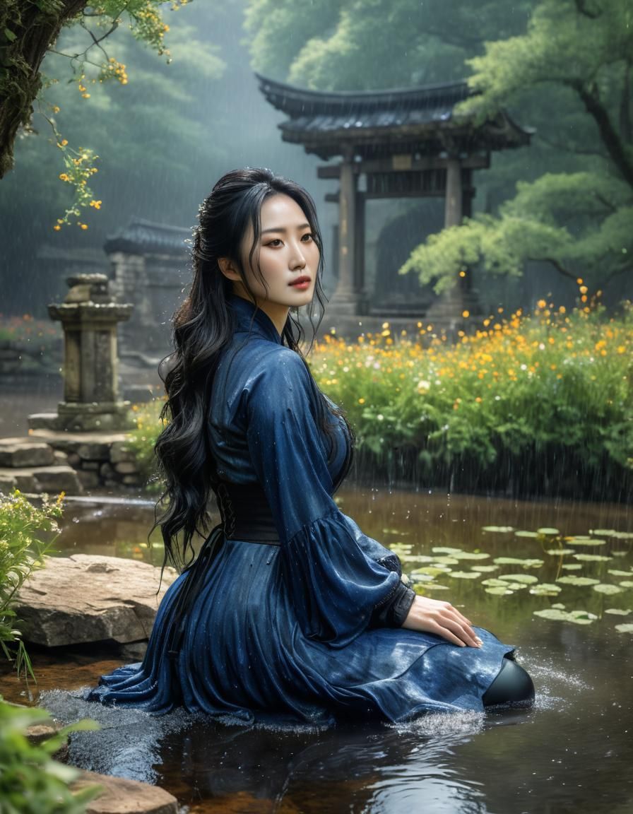 Surreal Watercolor: Korean Woman in Ruined Landscape