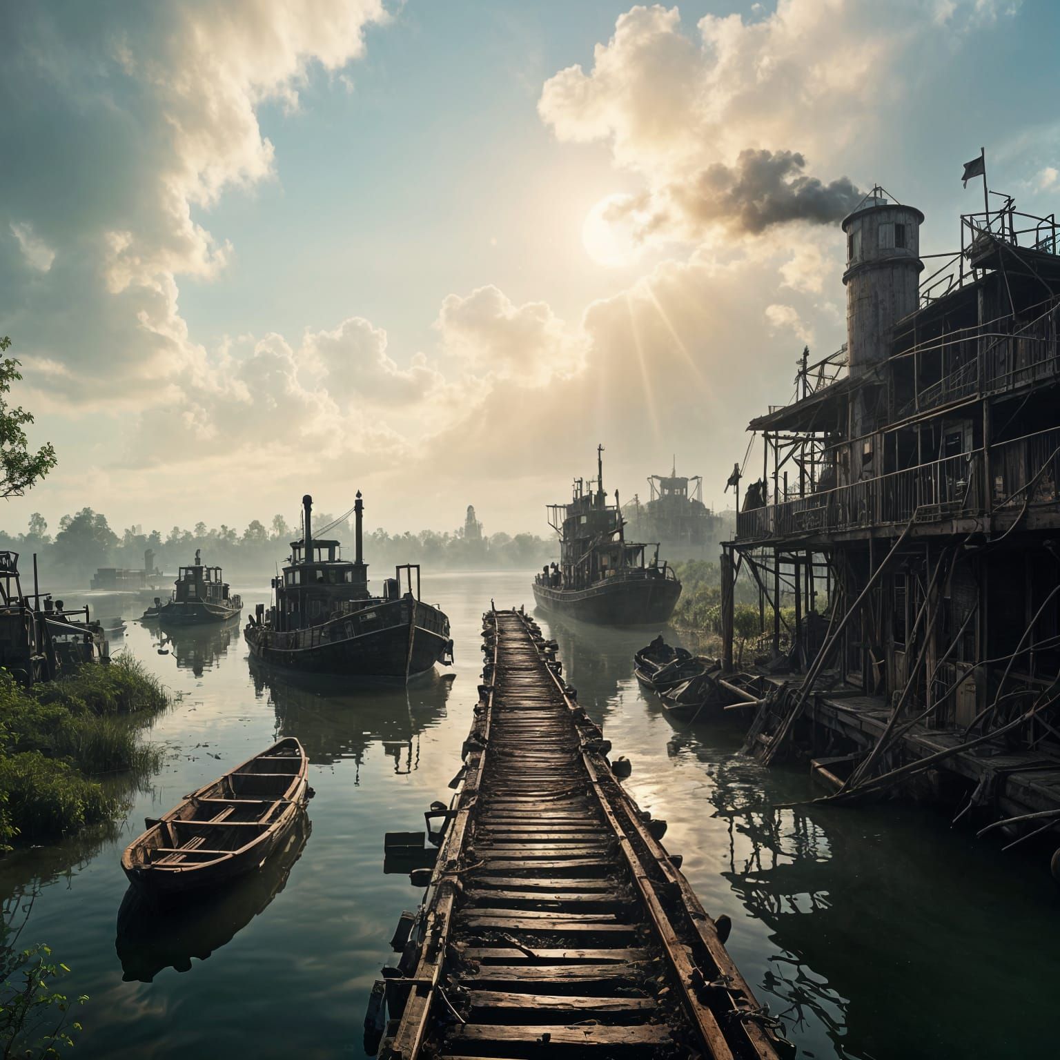 A Dystopian Steampunk Village of Abandoned Boats in a Creepy...