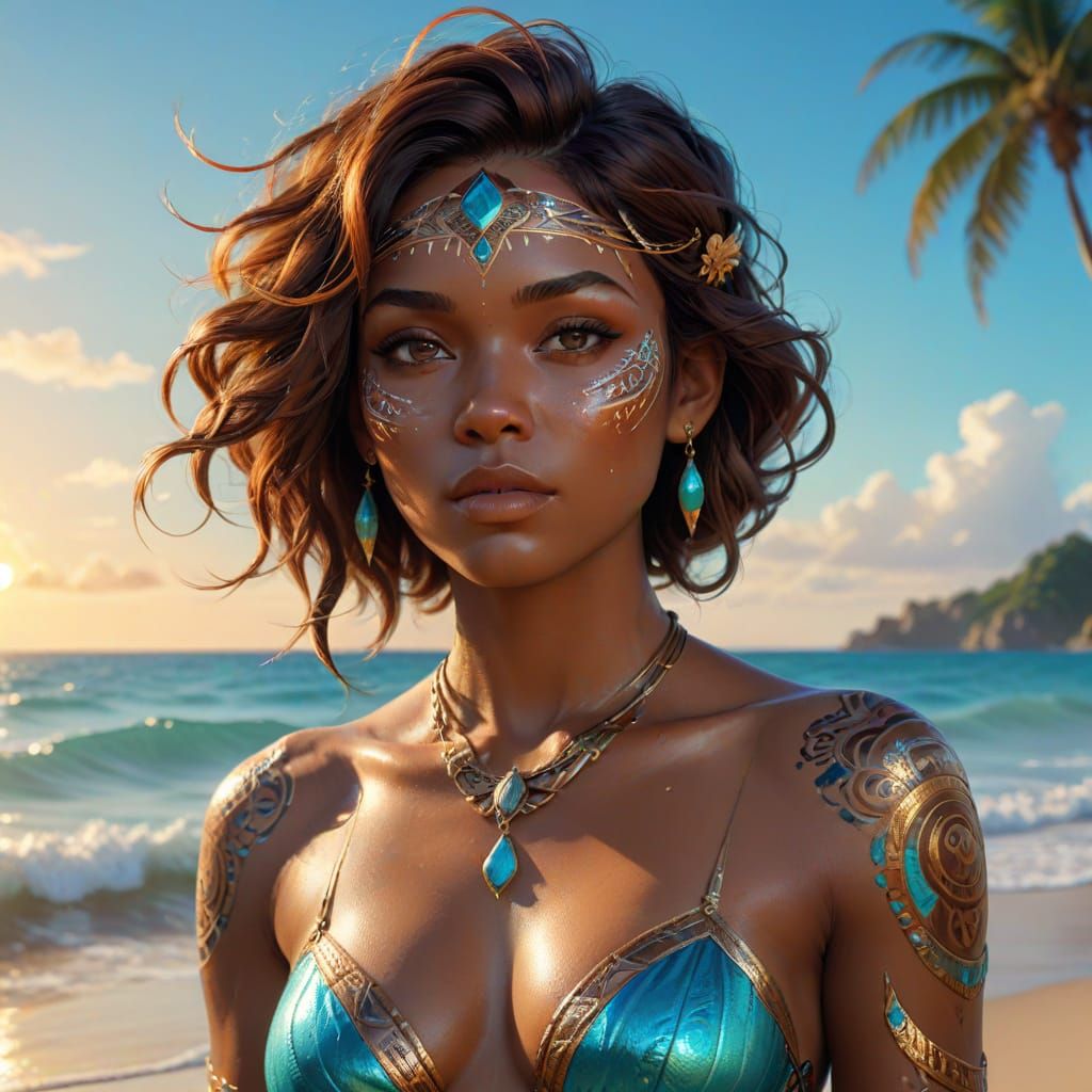 Woman with Tribal Markings on Tropical Beach - Vibrant Digit...