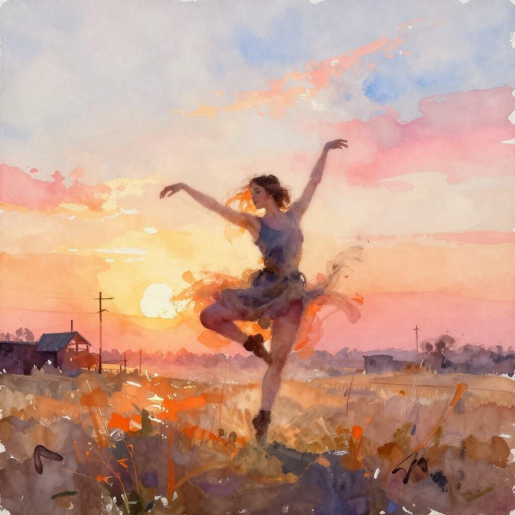 Dancer in Dawn Landscape: Expressive Watercolor Art