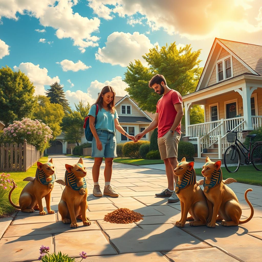 Youthful Couple Feeds Mythical Sphinxes in Vibrant Suburban ...