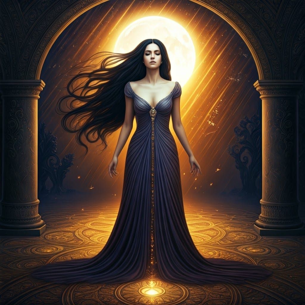Elegant Woman with Golden Aura in Fantasy Landscape