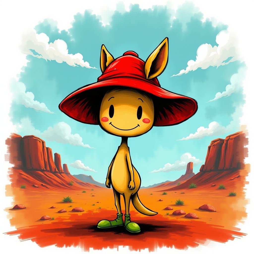 Caricature Kangaroo in Outback Landscape