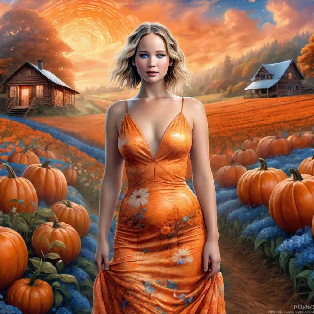 Jennifer Lawrence in a Orange printed sensual dress, Strawhat with flowers, Pumpkin field, Wooden Cabin, Sunny, Head and...