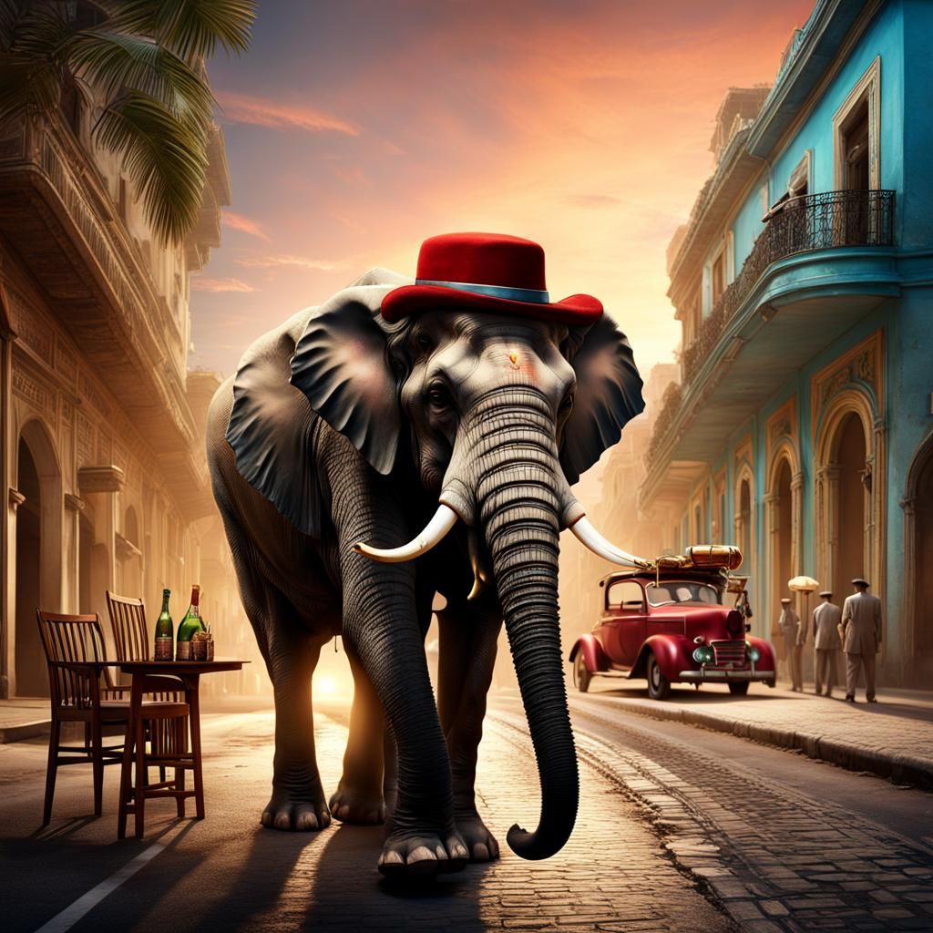 Festive Elephant Celebrates in Cuba, Detailed Matte Painting
