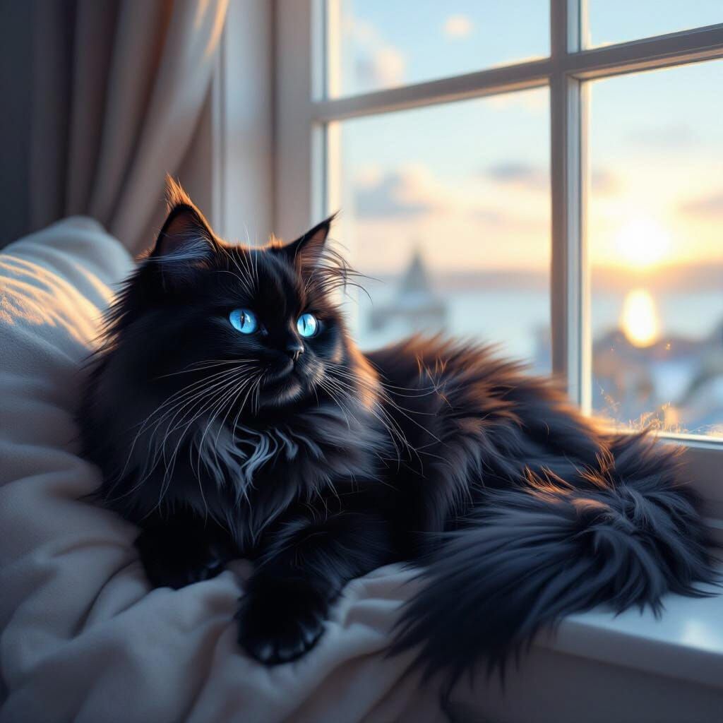 Black Persian Cat with Blue Eyes in Sunny Window