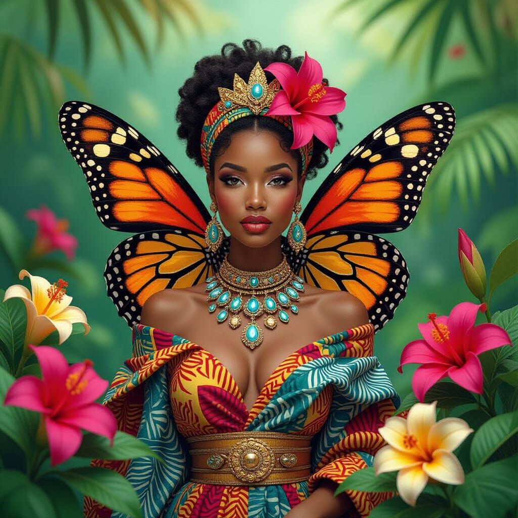 Butterfly Queen in African Textiles and Flowers