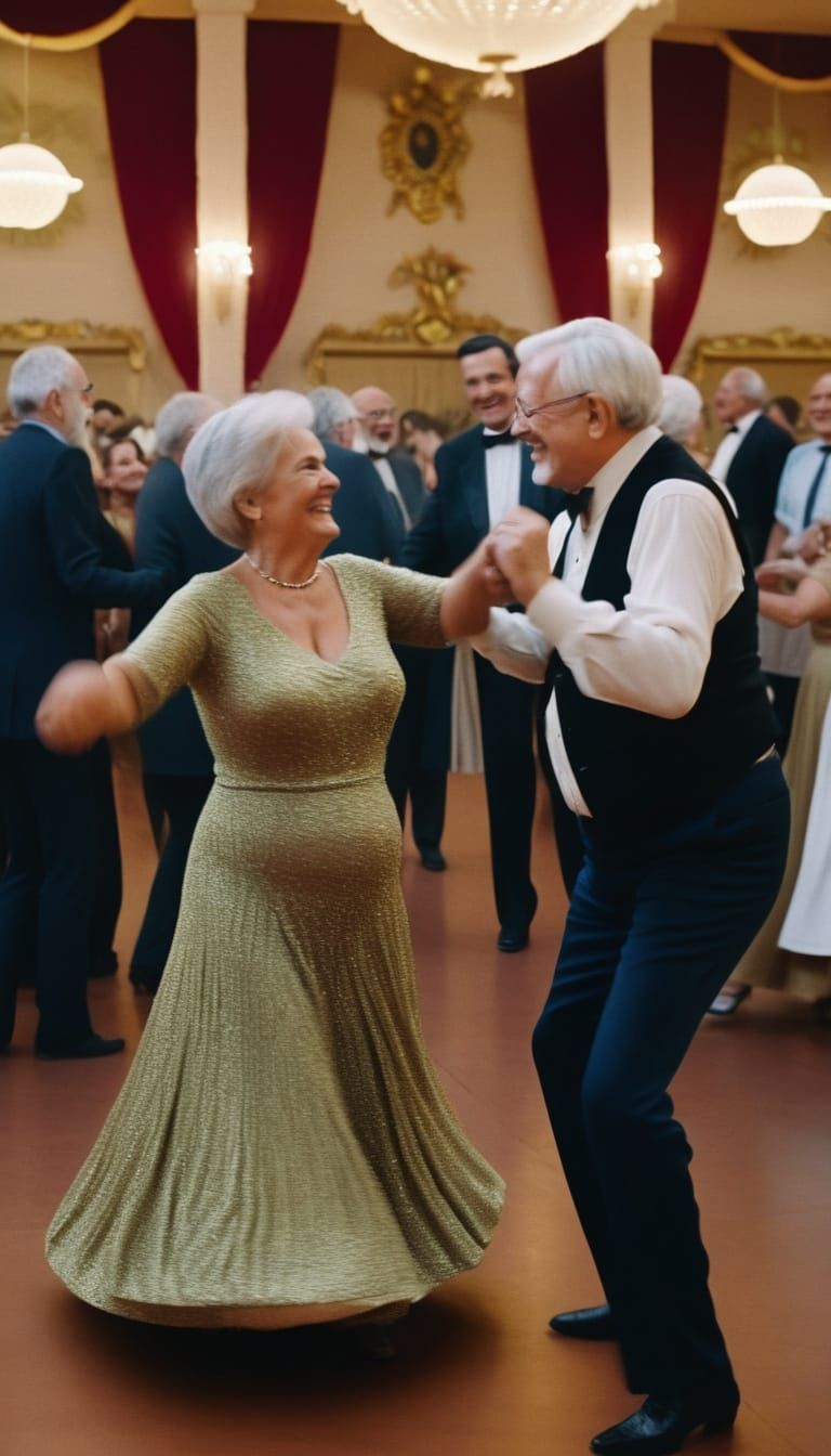 Elderly Couple Dancing in Humble Ballroom