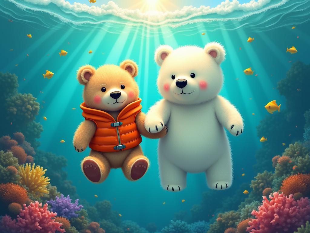 Teddy Bear and Polar Bear Friendship in Turquoise Ocean