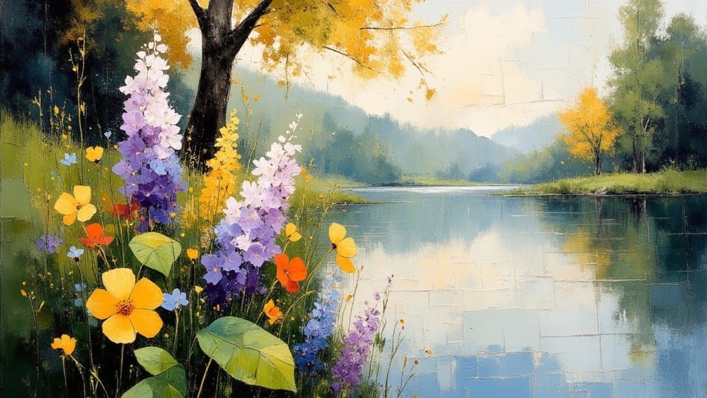 Reflective Spring Lake with Flowers: Impressionistic Oil Pai...