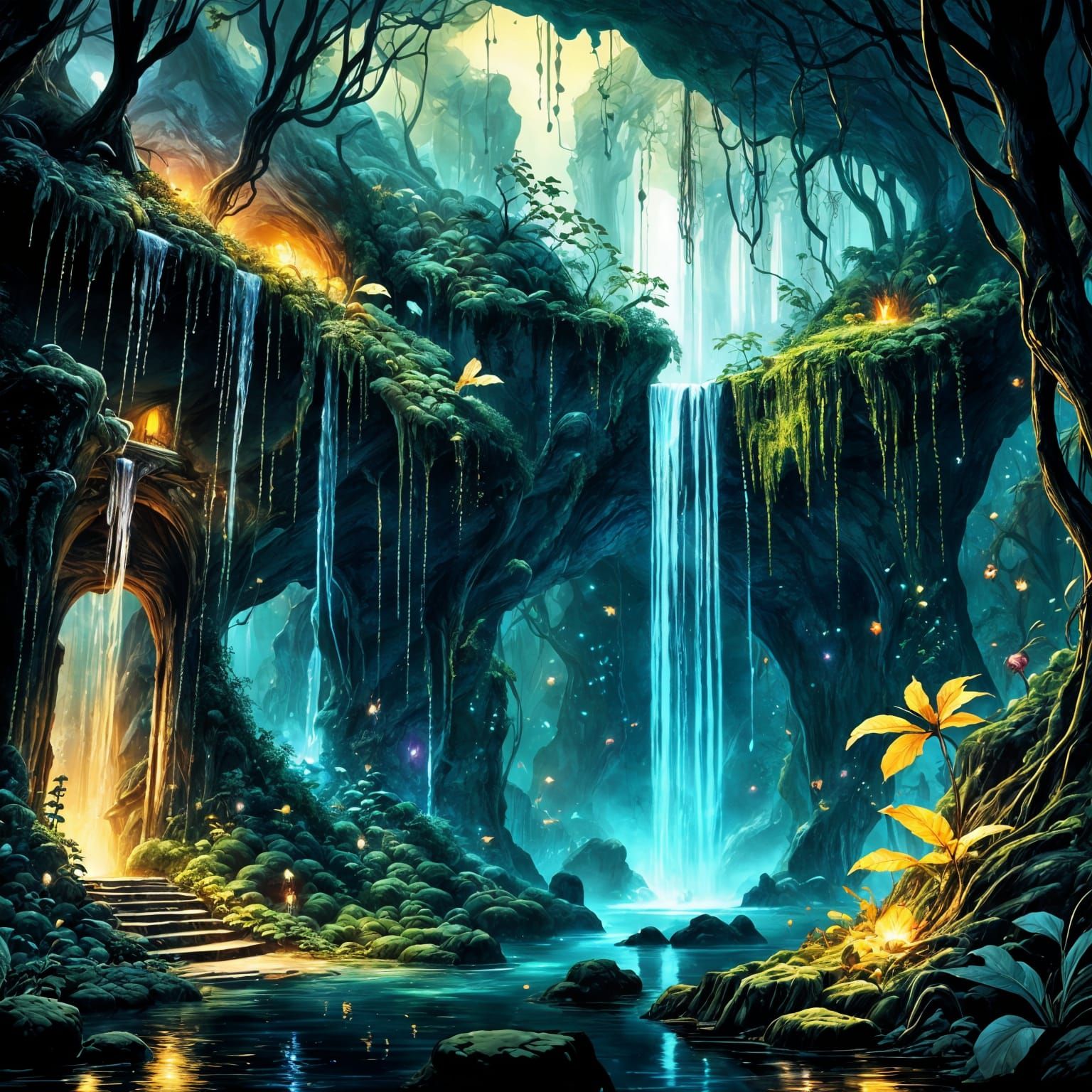 Mystical Forest Cave Entrance at Night