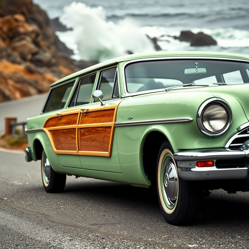 Pastel Green Station Wagon on Coastal Road