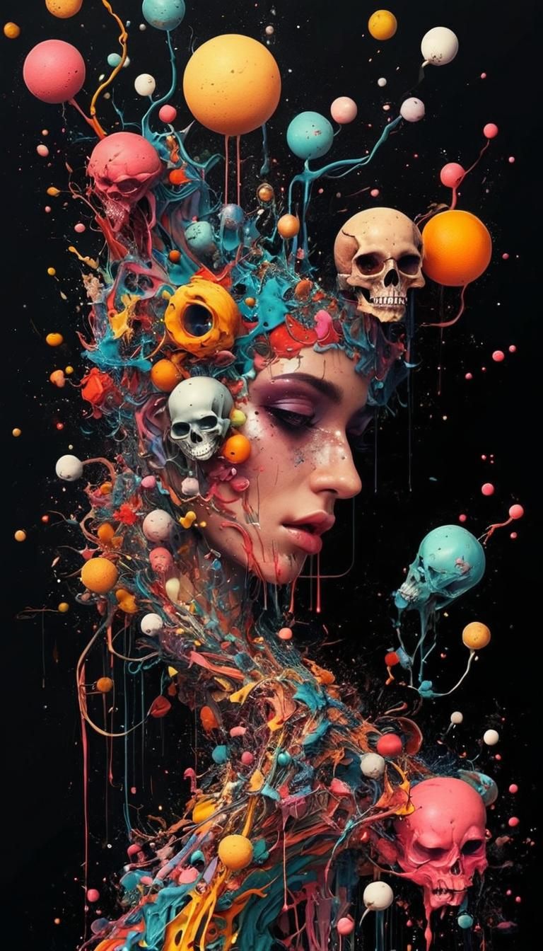 Chaotic Anime-Surreal Artwork on Black Background