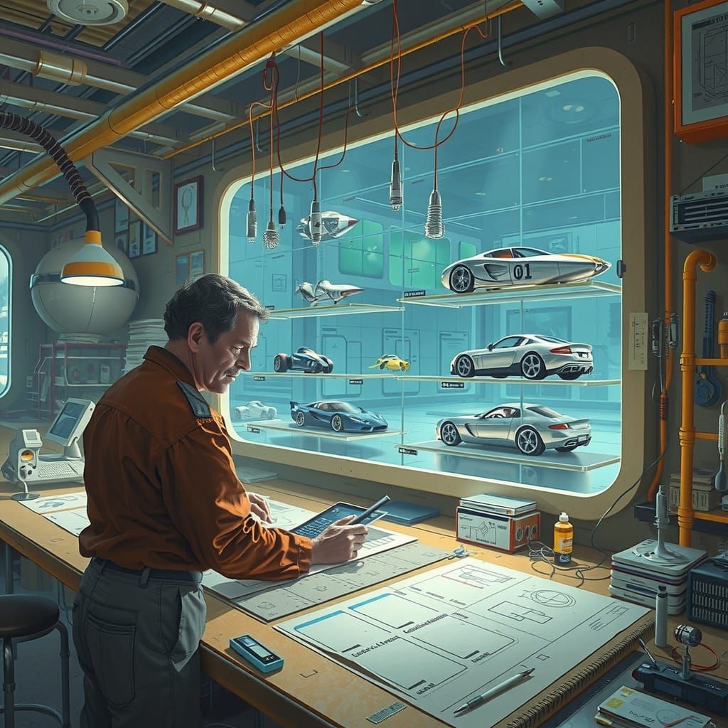 Inventor in a Futuristic Cyberpunk Workshop