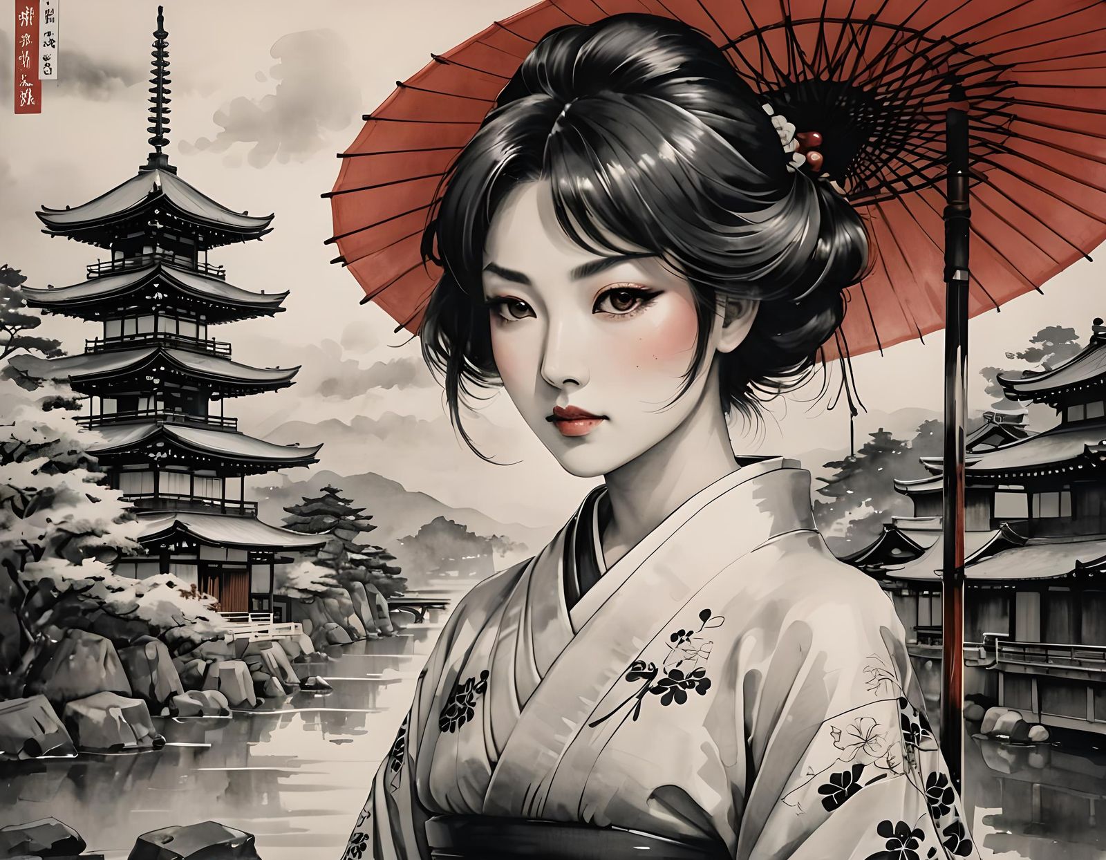 Monochrome Ink-and-Wash: Woman at Kyoto Pagoda