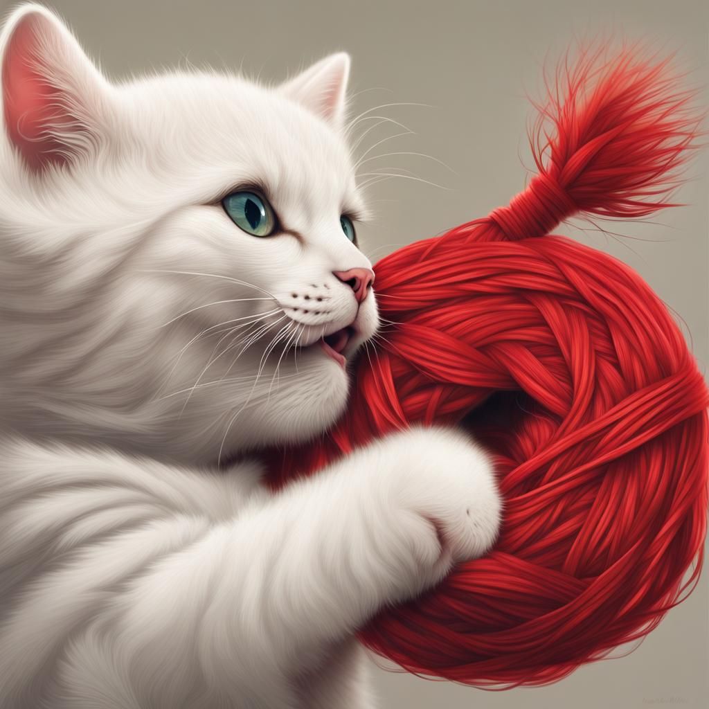 White Kitten Playing with Red Yarn