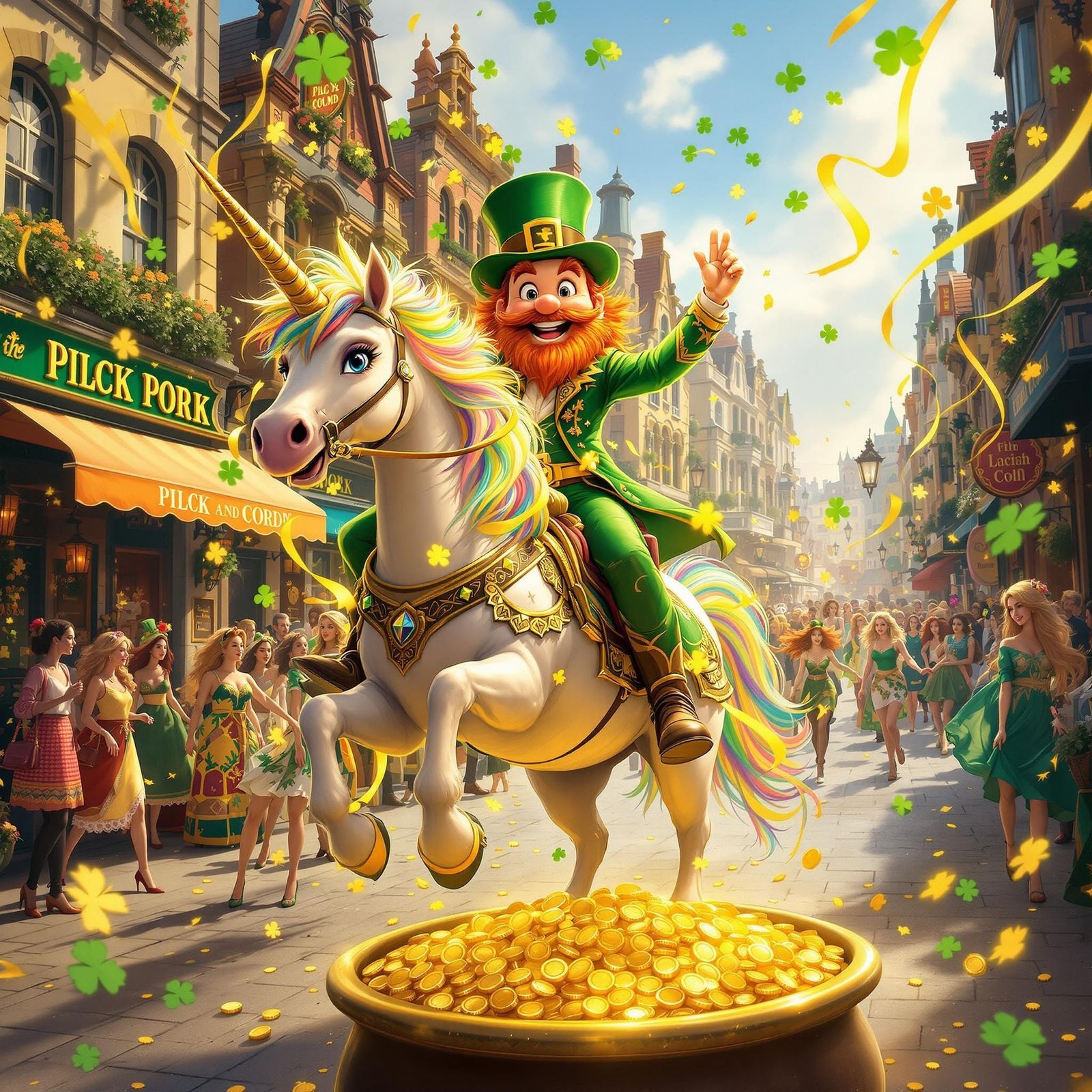 Joyful Leprechaun Rides Rainbow Unicorn in Vibrant Irish Cel...