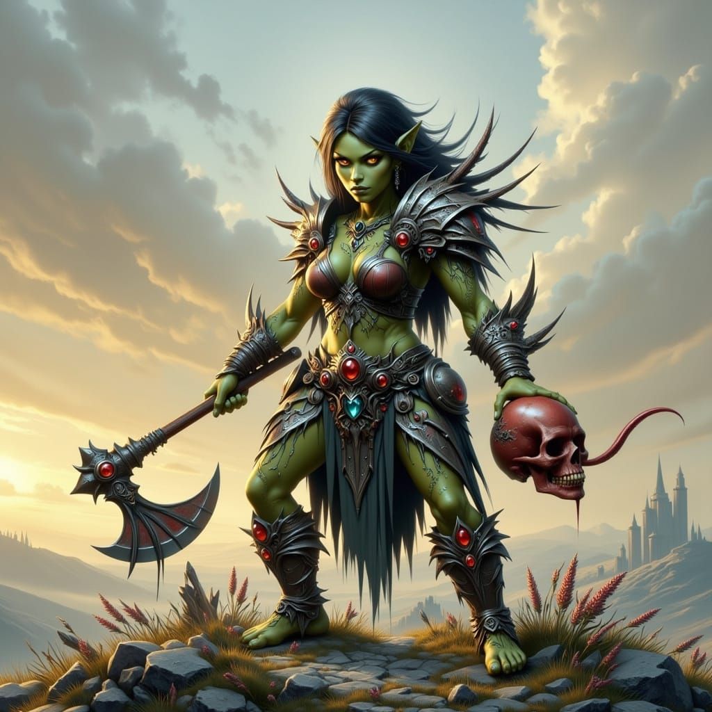 Female Troll Warlord With Axe and Severed Head