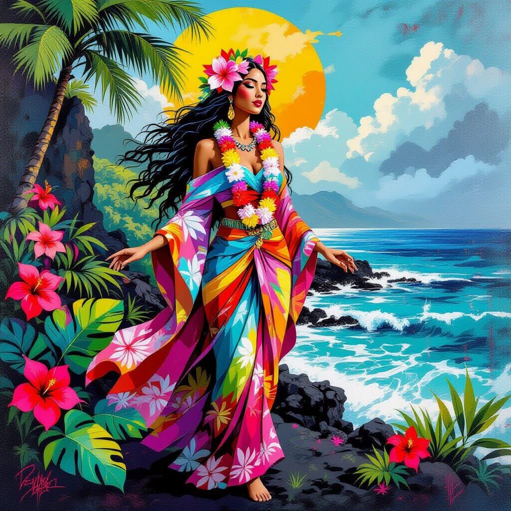 Hawaiian Goddess in Graffiti Art Style on Volcanic Coast