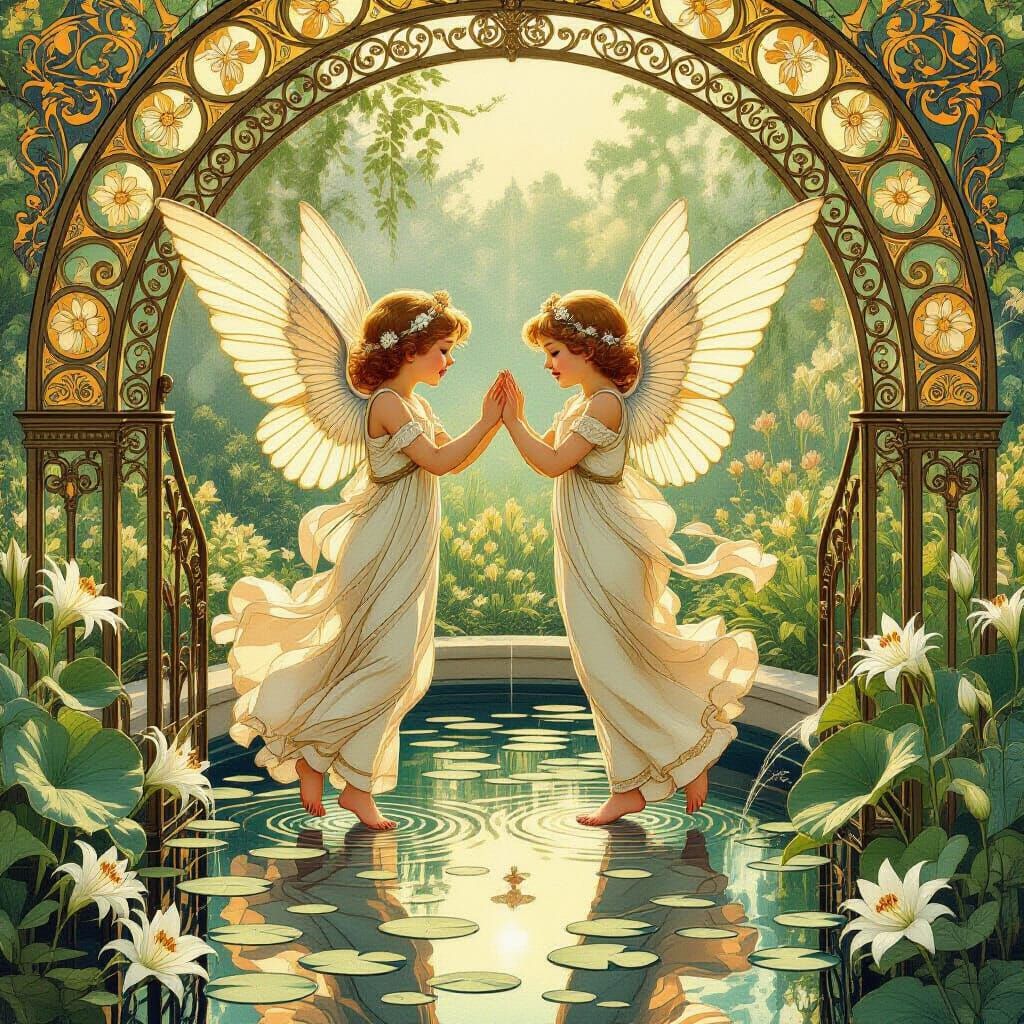 Art Nouveau and Deco Garden Angels with Playful Cherubs