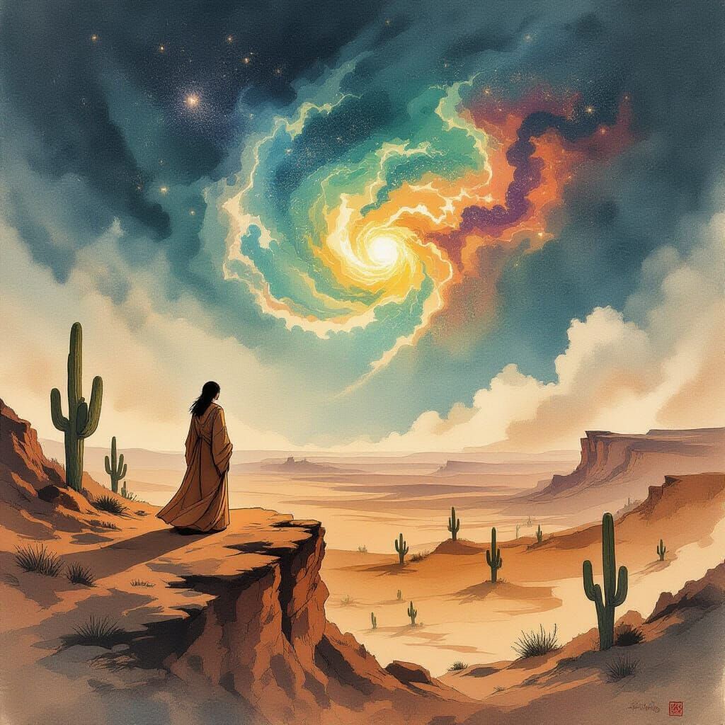Woman Gazes at Alien Desert Under Nebula Sky