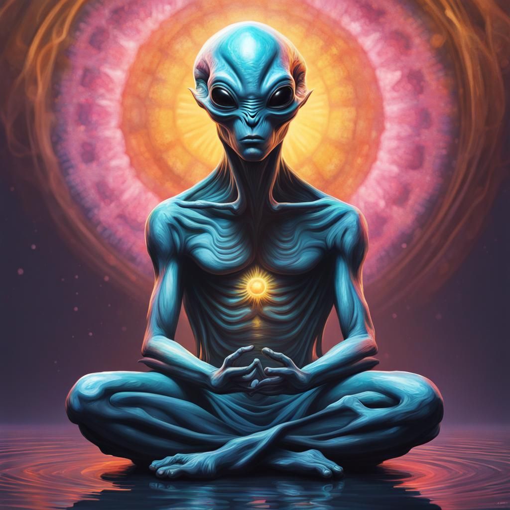 Meditating Alien in Lotus Position: Hyperrealistic Splash Ar...