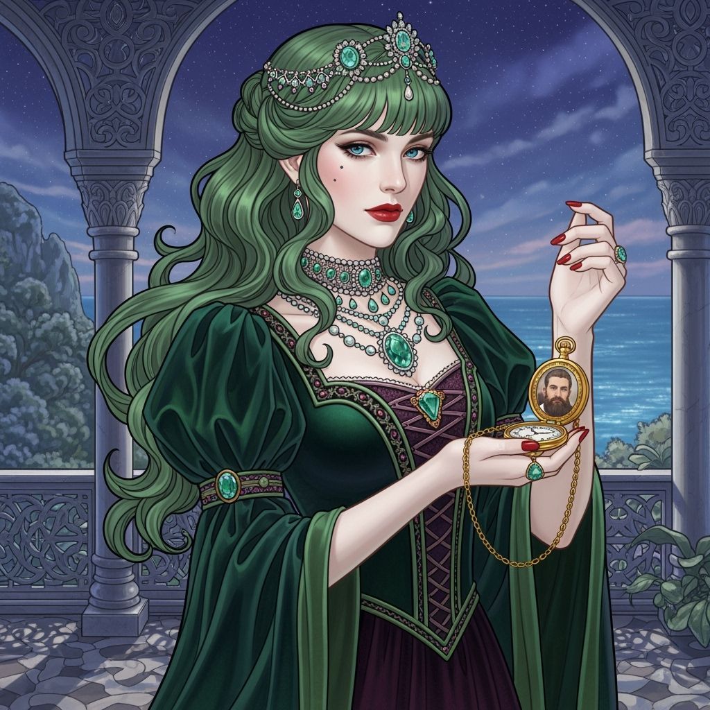 Emerald-Haired Woman with Pocket Watch, Art Nouveau Style