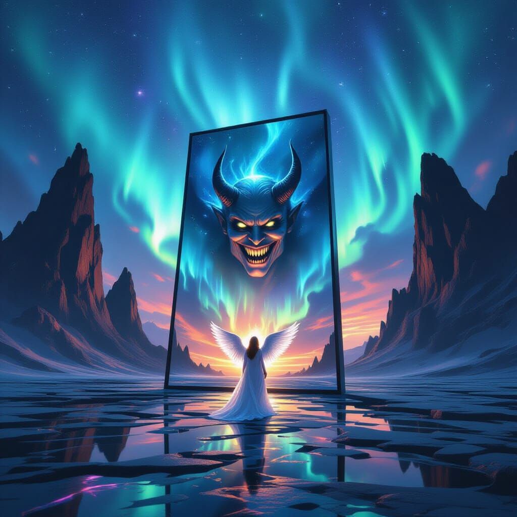 Angel and Devil in a Surreal Aurora Landscape
