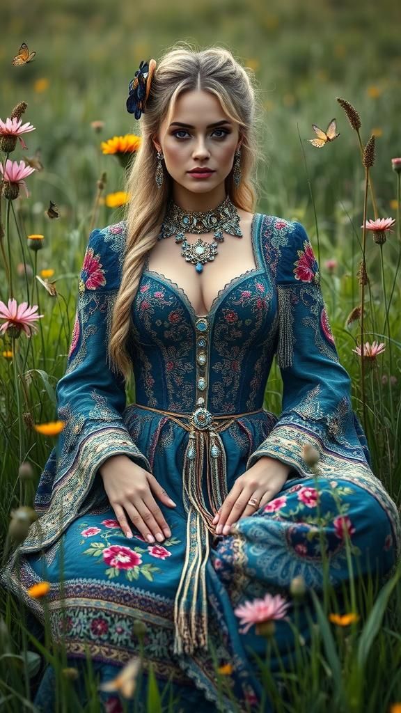 Regal Woman in Bohemian Clothing in Lush Meadow