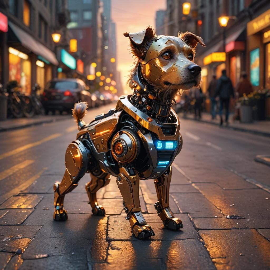 Robot Pets Dog in Busy City: Matte Painting