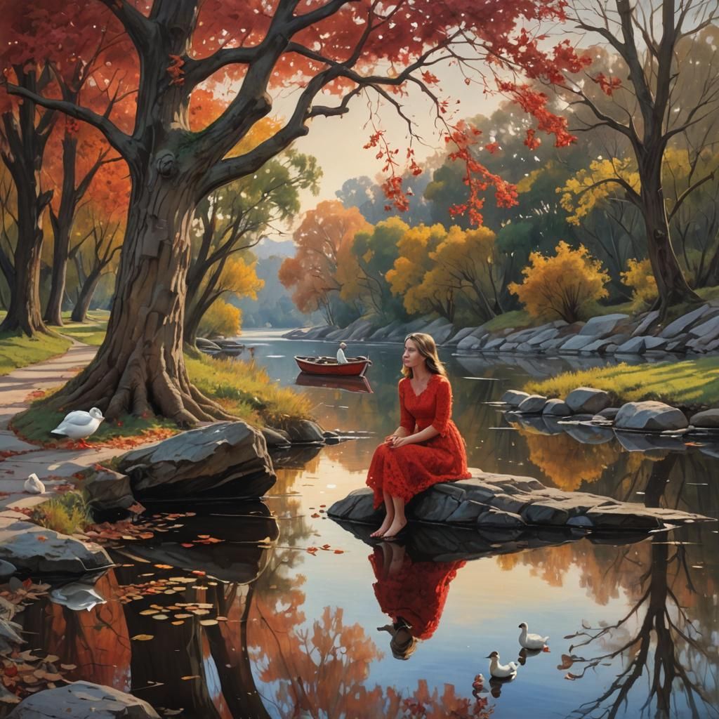 Autumn Oak Tree Reflection, James Gurney Style