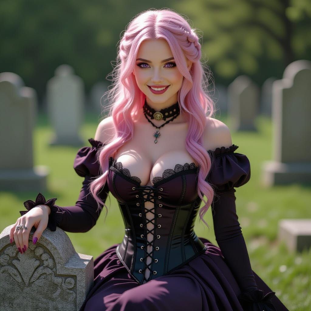 Gothic Woman on Tombstone in Moody HDR