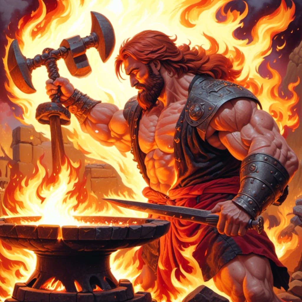 Dramatic and dynamic picture of the Giant armourer god Hepha...