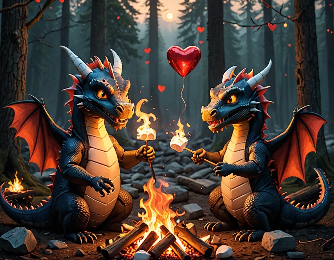 Dragon Roasting Marshmallows with Valentine's Campfire Date