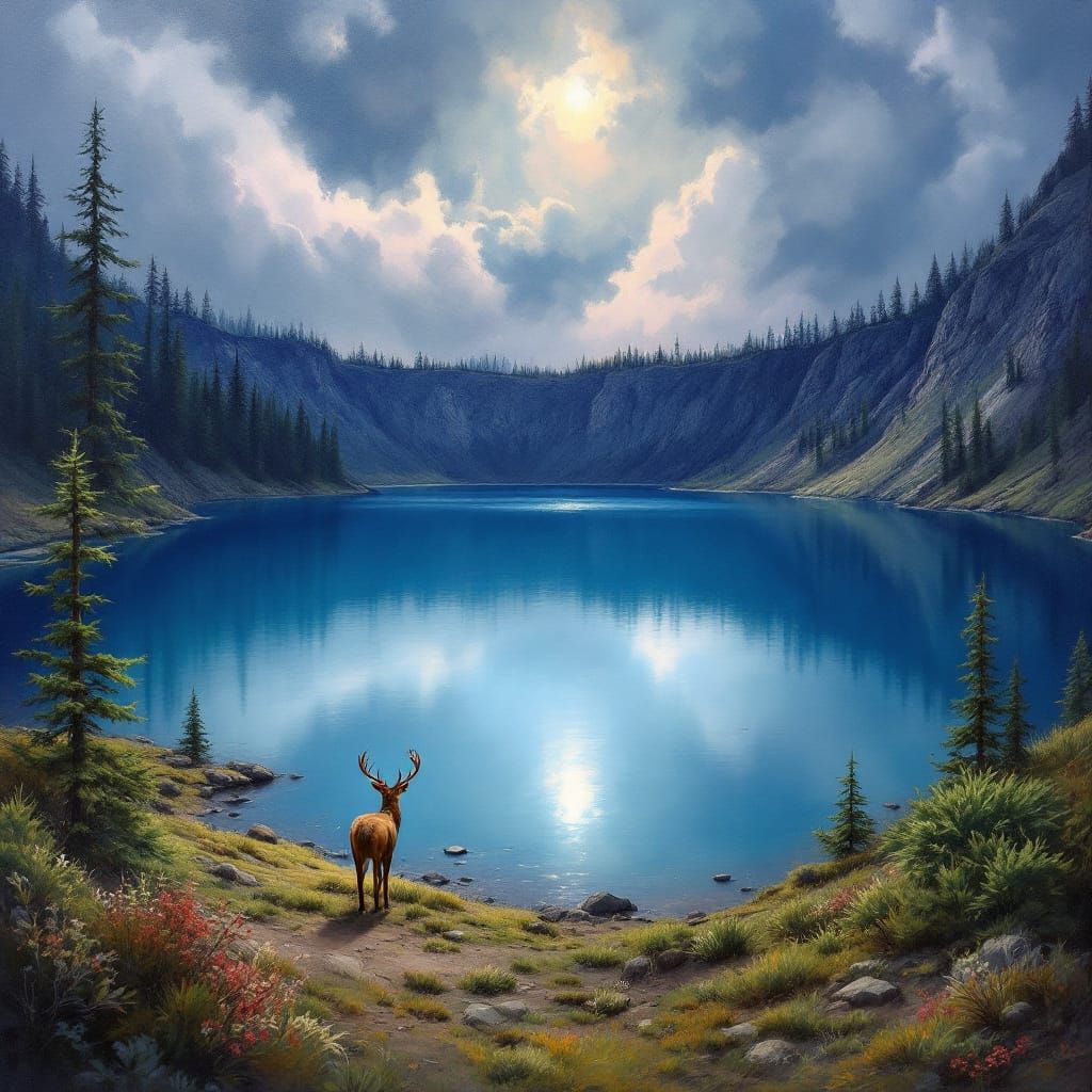 Crater Lake Mirroring Stormy Sky in Oil Painting Style