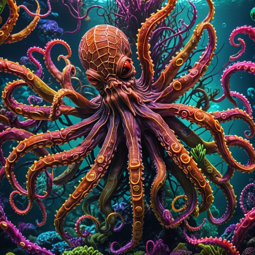 Underwater Spider Octopus in Vivid Neon Colors