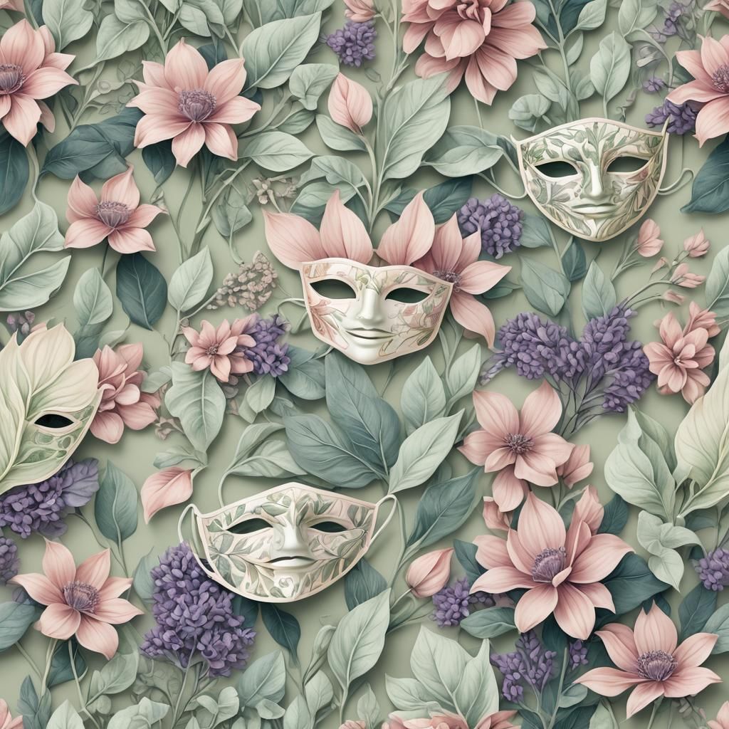Floral Face Mask in Pastel Colors, Botanical Illustration