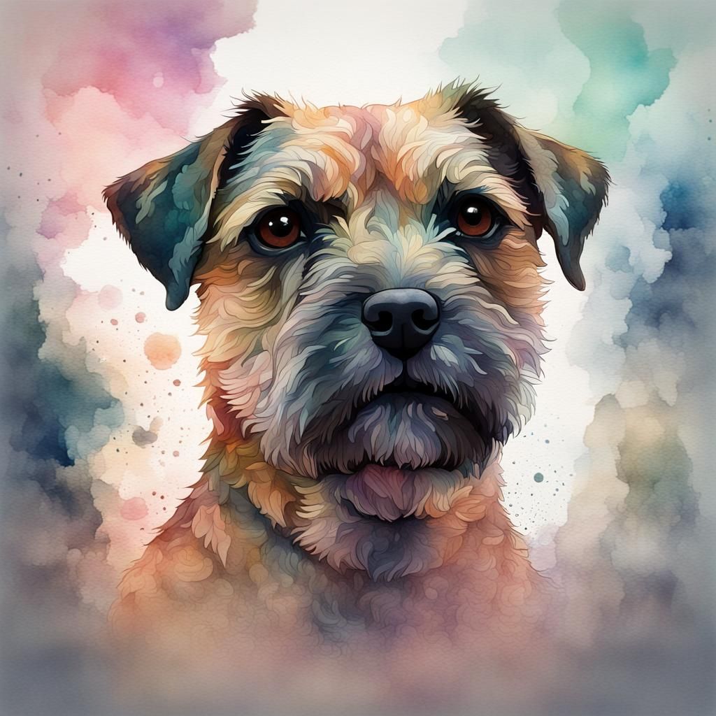 Border Terrier Dog in Watercolor Double Exposure