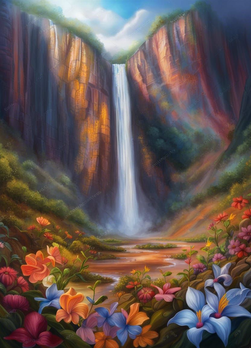 Waterfall with flowers