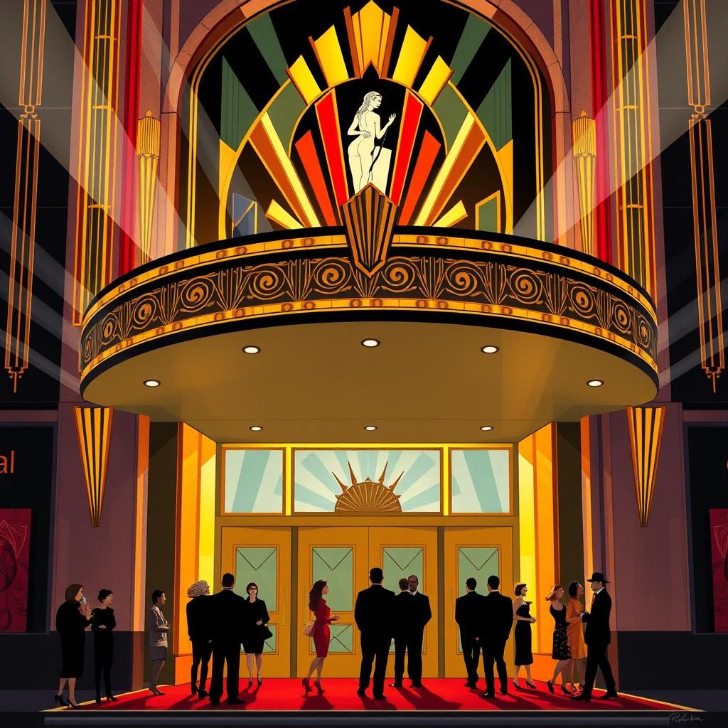 A luxurious Art Deco theatre, depicted in the style of Paul ...