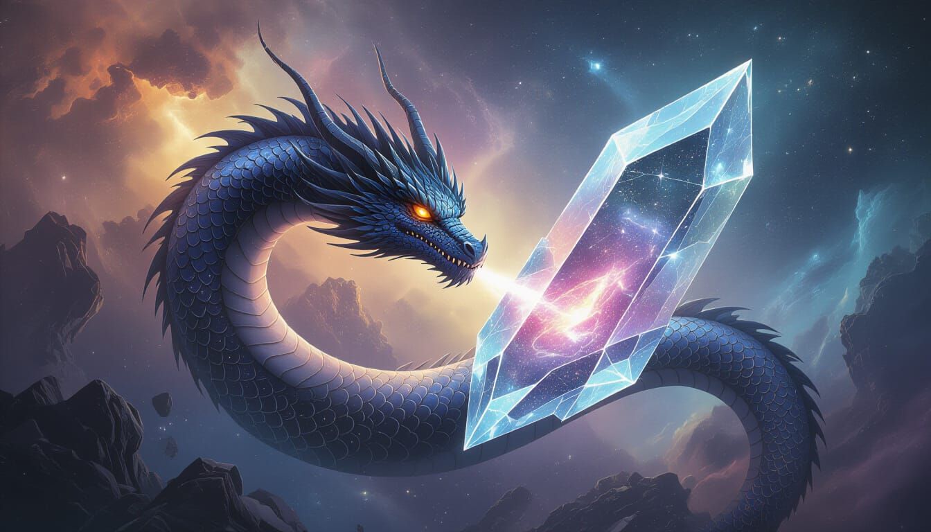 Celestial Dragon Coils Around Arcane Crystal in Cosmic Surre...