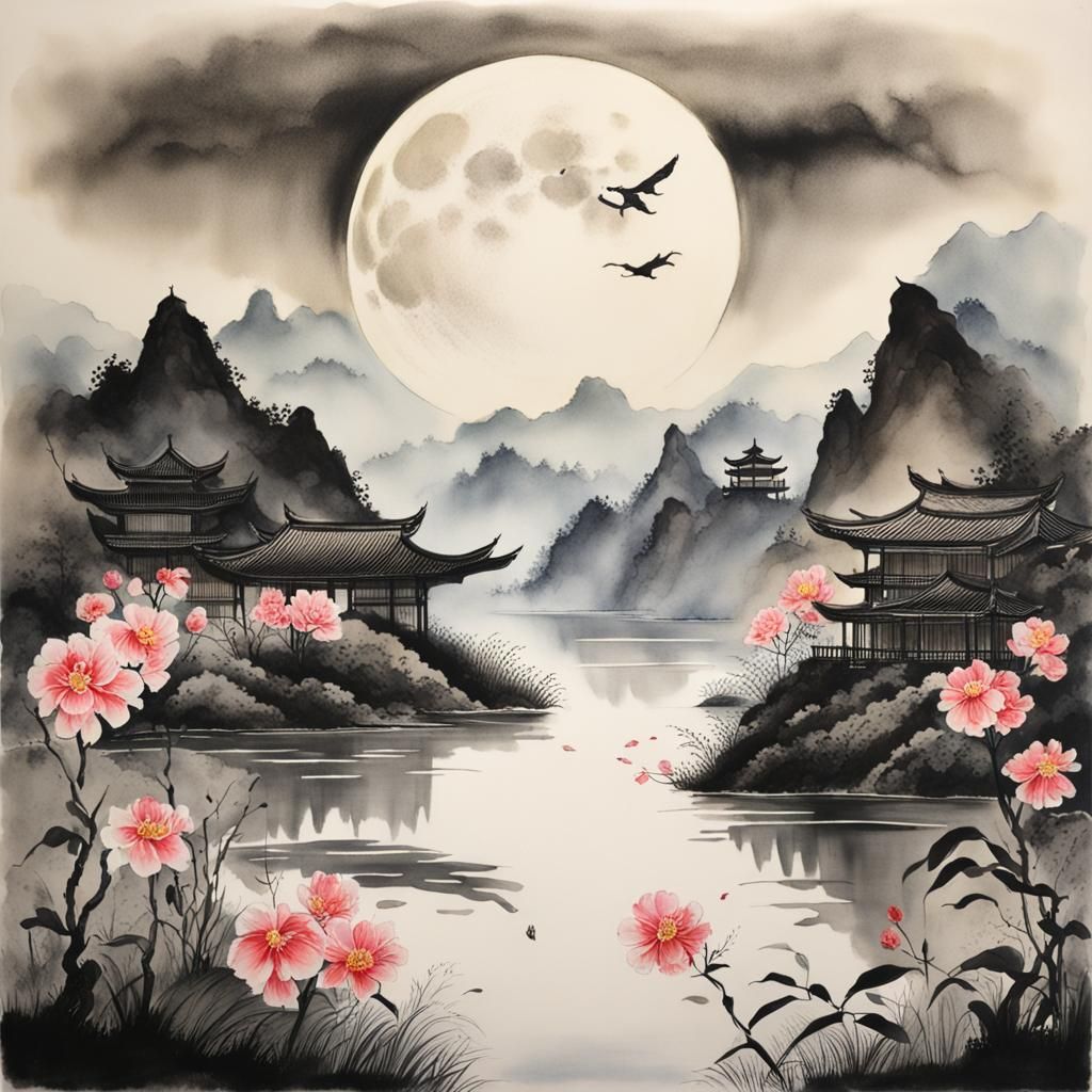 Moonrise Over Inverted Landscape in Chinese Ink Style
