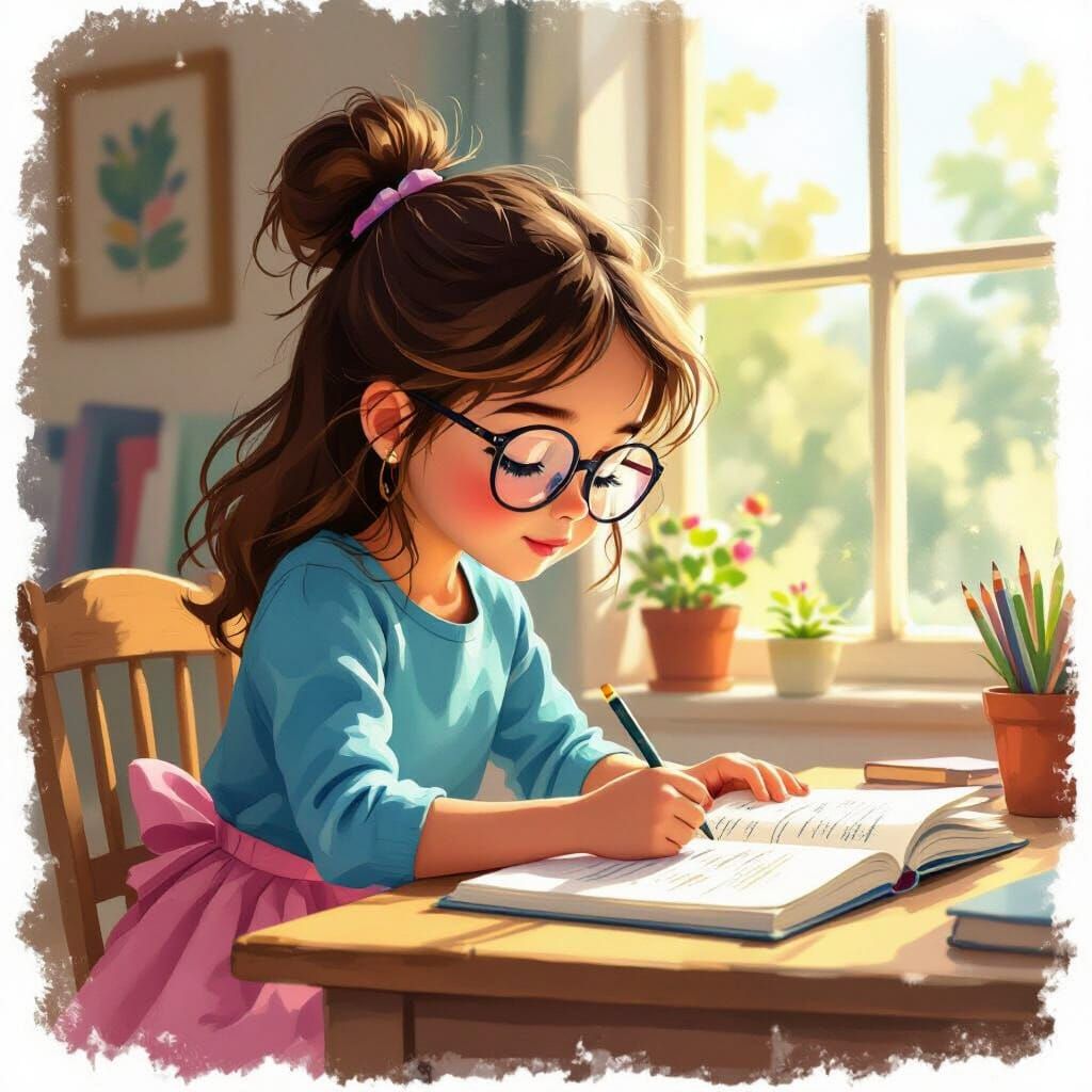 Girl Studying in Blue Top and Pink Skirt, Warm Sunlight